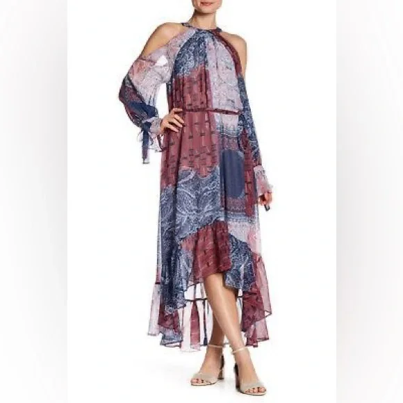 BCBG MAXAZRIA Saige Cold Shoulder Halter Dress XS Blue Silk Boho Hi Low Belt